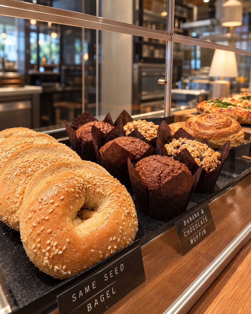 Sesame seed bagels, muffins and pastries in the Provisions Cafe display case at Seaside Hotel